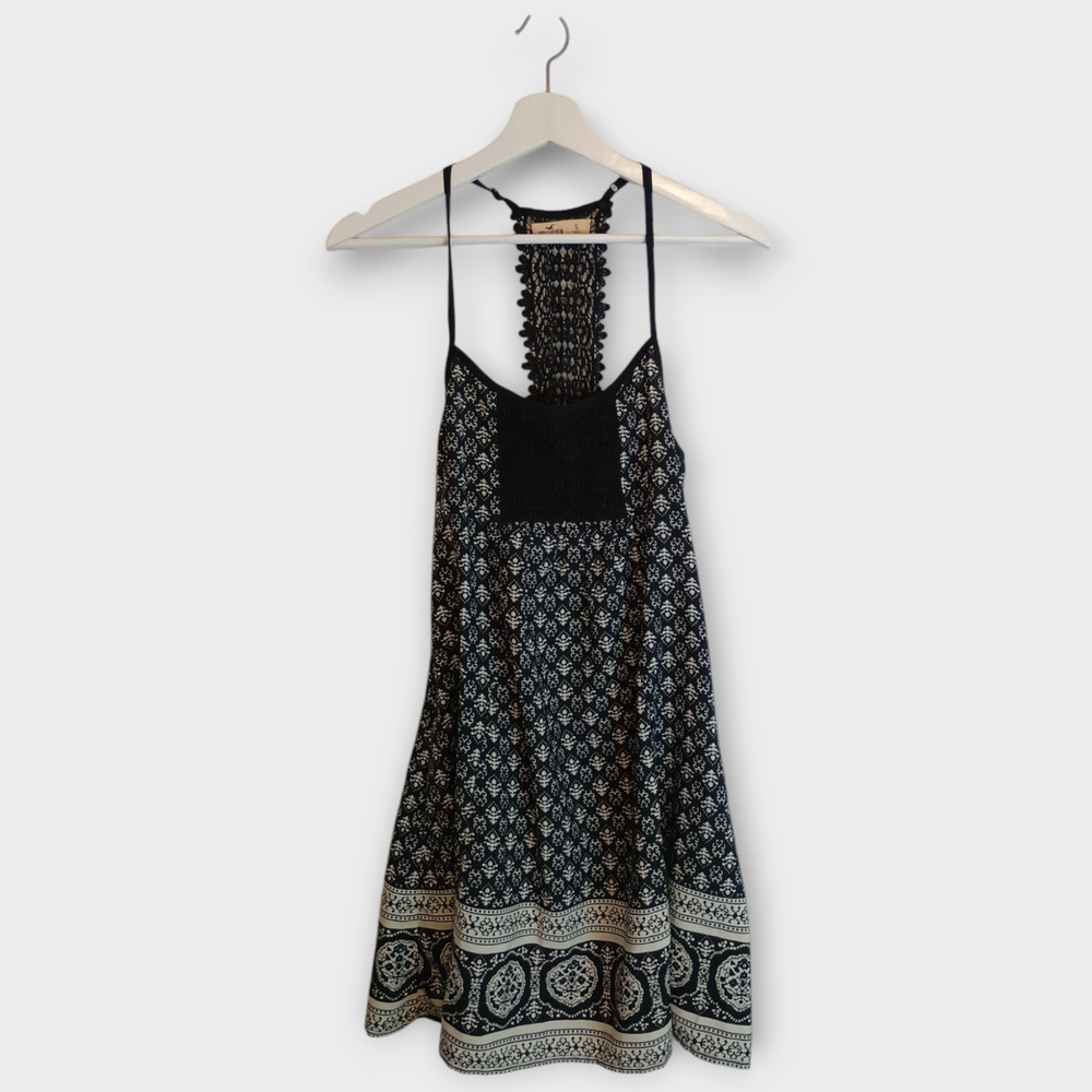 Hollister Top Women Small Black Beige Razorback Crochet Y2K Babydoll Mini Dress